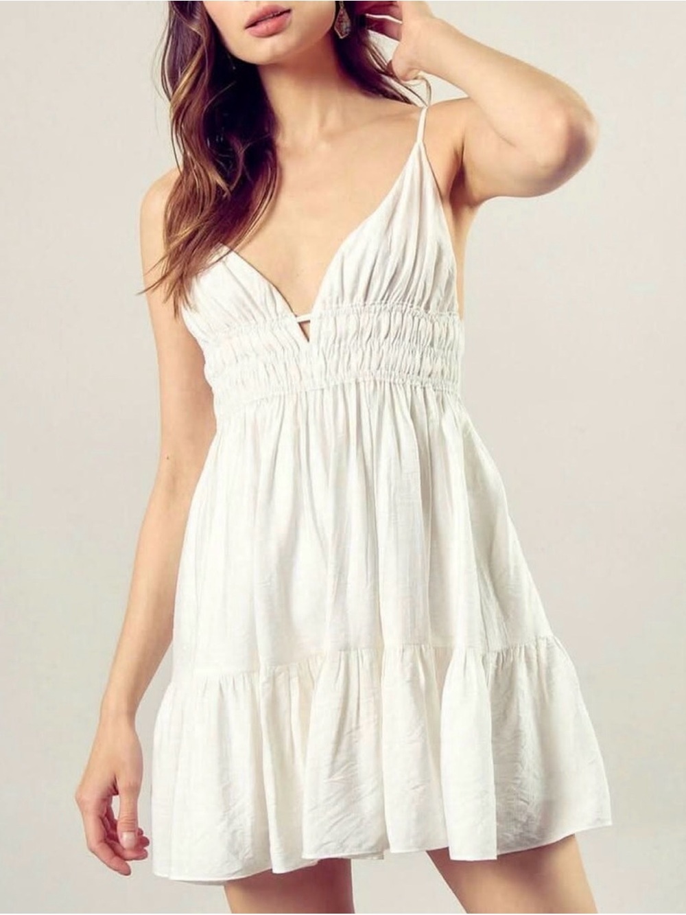 Mustard Seed White Smocked Bust Spaghetti Strap Mini Dress